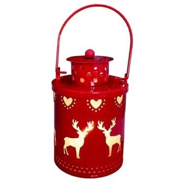Christmas Lantern with LED Candle, Metal Holiday Decorative Light, Snowflake Pine Tree Reindeer Design, Battery Operated Tabletop Lamp, Indoor Christmas Decor for Home Party