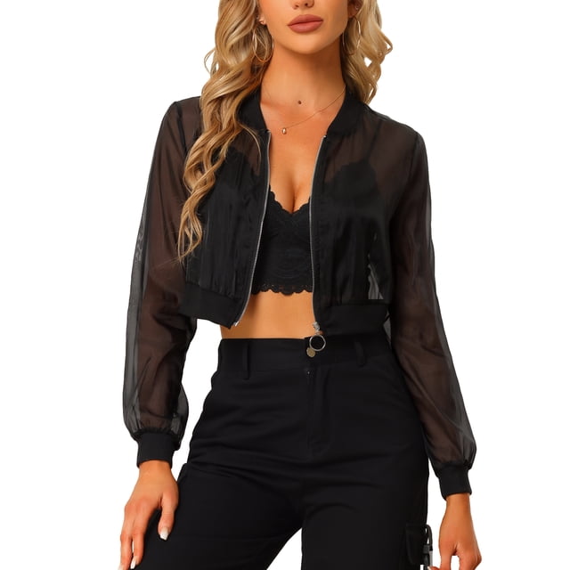 INSPIRE CHIC Blouson Bomber pour Femmes à Manches Longues Court en Maille Transparente Vestes S Noir
