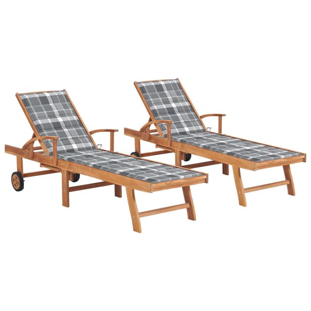 vidaXL Sun Loungers 2 pcs with Grey Check Pattern Cushion Solid Teak Wood
