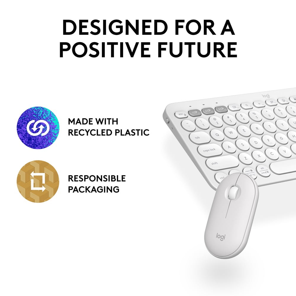 Logitech Pebble 2 Combo, Wireless Keyboard and Mouse, Quiet and Portable, Customizable - White
