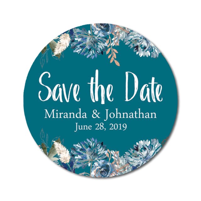 Darling Souvenir Round 45 Pcs Floral Border Save The Date Stickers Wedding Personalized Bride Groom Names And Date Envelope Seals - Teal Blue