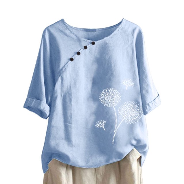 CHUANK Hauts pour Femmes en Liquidation à Moins de 10$ Hauts pour Femmes Décontractés Printemps Été Manches Longues Coton Lin Imprimé Graphique Pissenlit Col Rond Blouses Vintage Grande Taille
