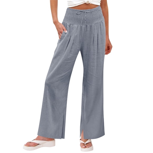 Brnmxoke Straight Leg Linen Pants Women Dressy Casual Elastic Waist Beach Palazzo Pant Summer Boho Wide Leg Lounge Travel Vacation Trousers with Pockets Gray,L
