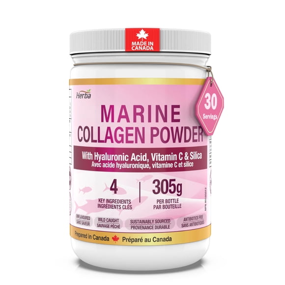 Herba Marine Collagen Powder for Women & Men with Hyaluronic Acid, Vitamin C, and Silica – 305g | Made in Canada | Wild Caught
