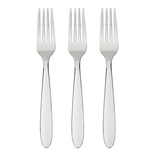 Mainstays Breck stainless steel everyday dinner fork 3 piece set in silver, each 7-inch fork with ergonomic handle and polished finish, dishwasher safe and suitable for daily dining or adding to flatware collections.