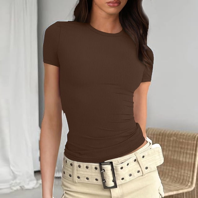 BVOFAR Hauts Côtelés d'Été pour Femmes 2025 Col Rond Manches Courtes T-Shirts Décontractés Confortables Coupe Ajustée