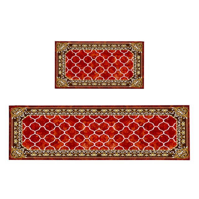 Giyblacko Carpet Door Mats Machine Washable Crystal Velvet Floor Mats Non Slip Comfortable Standing Mat Ergonomic Rug. The image displays two rectangular rugs with a rich red base and ornate gold and white patterns on the borders. Crafted from crystal velvet, these mats are soft, thick, and feature a non-slip backing for added safety. Ideal for kitchens, entryways, bathrooms, and more, they are durable, ergonomic, and easy to maintain.