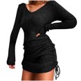 thumbnail image 1 of CEHVOM Women Pullover Long Sleeve Autumn Solid Casual V Neck Sweatshirt Drawstring Dress, 1 of 5