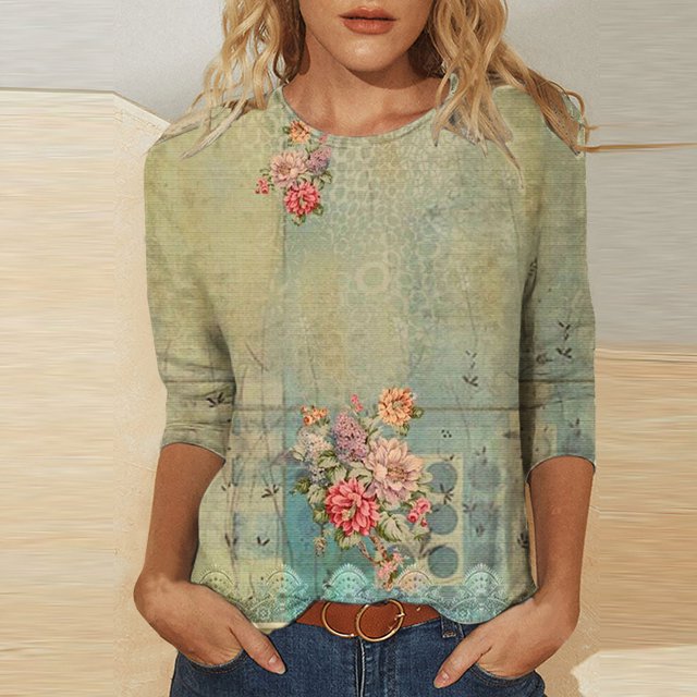 Hauts d'Été pour Femmes Mode T-shirt Ample Imprimé Blouse à Manches 3/4 Col Rond Hauts Décontractés Hauts, T-Shirts et Blouses pour Filles en Liquidation