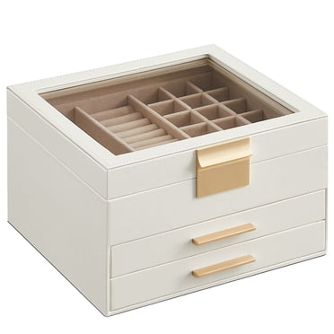 SONGMICS Jewelry Box with Glass Lid, 3-Layer Jewelry Organizer, 2 Drawers, 8 x 9.1 x 5.3 Inches, Cloud White and Gold Color