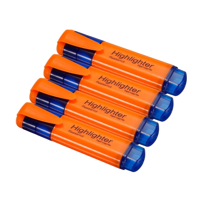 Unique Bargains Highlighter, Broad Point, Orange, 4 Count, 4 Pack. A set of four orange highlighter pens with broad tips, featuring a lightweight design and smooth writing for marking text and drawing lines. Each pen has a blue cap and measures 113 x 24 mm. Suitable for office supplies, school supplies, note-taking, journaling, and crafts.