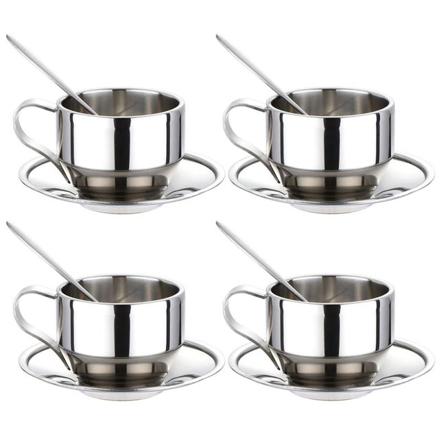 Insulated Coffee Cup Set-Double Walled Espresso Cups Latte Cappuccino Tea Cup with Saucer and Spoon 125Ml (Set of 4)