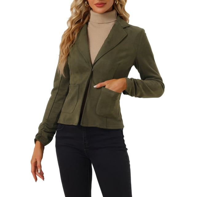 INSPIRE CHIC Women's Faux Suede Button up Casual Open Front Drawstring Long Sleeve Blazer M Olive Green