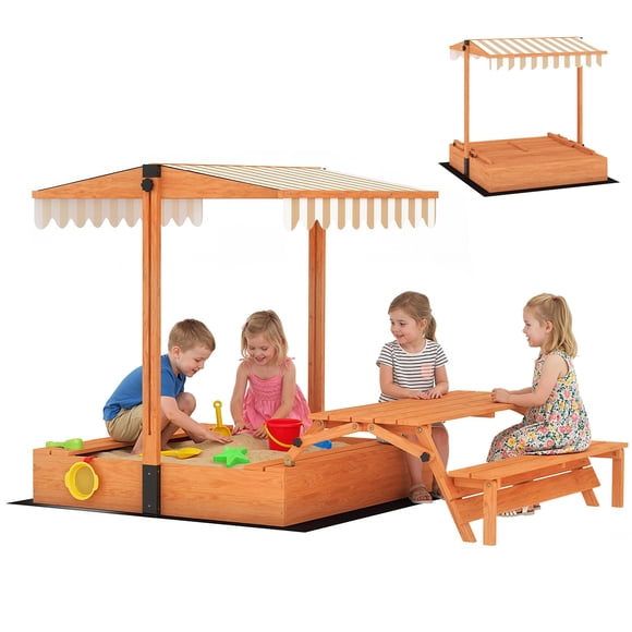 Qaba Wooden Kids Sandbox with Canopy, Foldable Picnic Table, Bench Seats