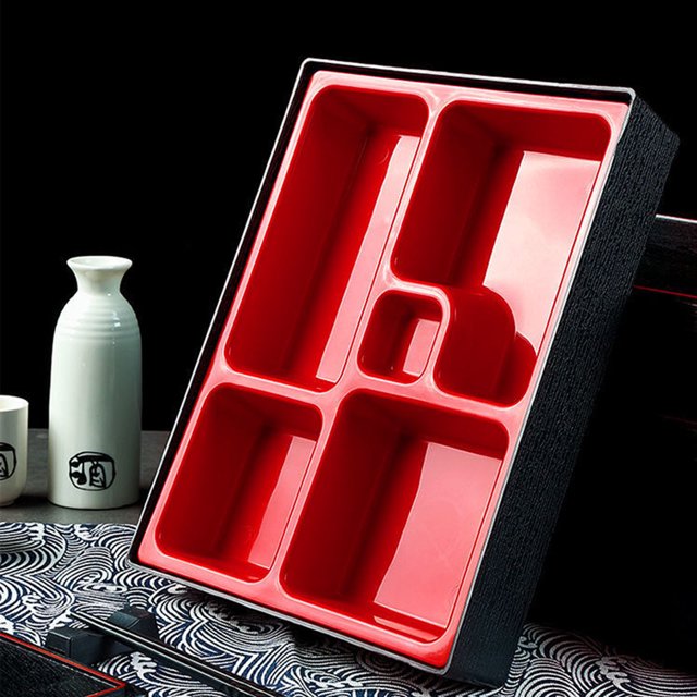 Dvkptbk Japanese Sushi Tray Lunch Box Bento Box Traditional Plastic Lacquered Box for Restaurant or Home Made in Japan, Design Red and Black Bento Boxes Home Essentials