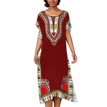 Robe Kaftan à Imprimé Africain Tunique Longue Maxi Grande Taille Polyester Robe à Imprimé Kimono Décontractée Chemise de Nuit Robe Décontractée pour Femme Bordeaux Taille Unique