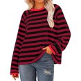thumbnail image 4 of Hauts pour Femmes à Rayures Col Ras du Cou Manches Longues T-Shirts à Blocs de Couleur Automne Décontracté Ample Confortable Blouse, 4 of 5