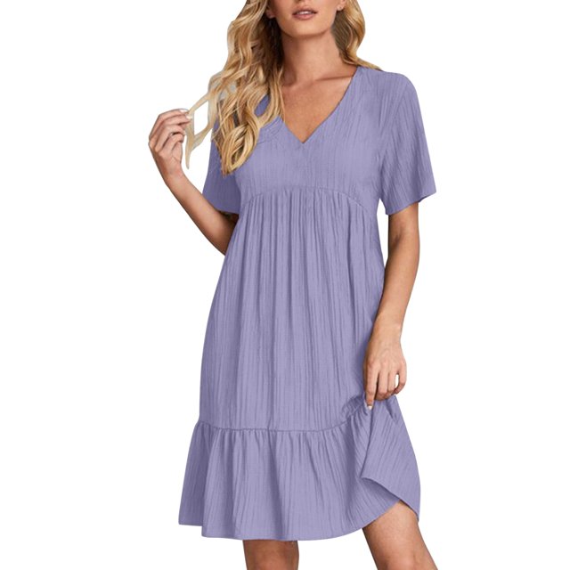 Soldes du Printemps 2024!Hontri Robes pour Femmes Robe d'Été Robes en Lin pour Femmes Robe T-Shirt Décontractée Manches Courtes Col en V Robe Midi Ligne A,
