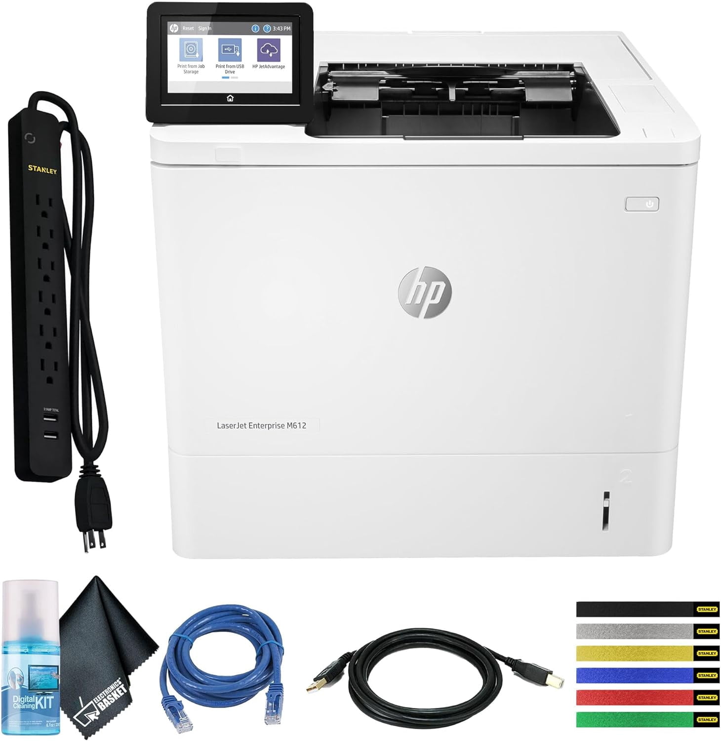 HP LaserJet Enterprise M612dn Monochrome Laser Printer with Duplex Printing & Ethernet (7PS86A#BGJ) Bundle with Surge Protector, USB Cable & Cleaning Kit (No Manufacturer Warranty)