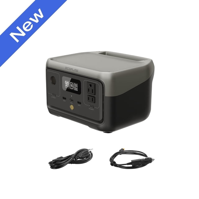 EF EcoFlow RIVER 2 Lite Portable Power Station with a 243Wh LiFePO4 battery, featuring a compact grey and black design. The front panel includes two AC outlets, multiple USB ports, and an LED display showing battery status. Offers 1-hour fast charging, solar charging capability, and versatile charging options. Includes two charging cables for AC and car charging. Lightweight and portable, ideal for outdoor camping, RVs, and home use.
