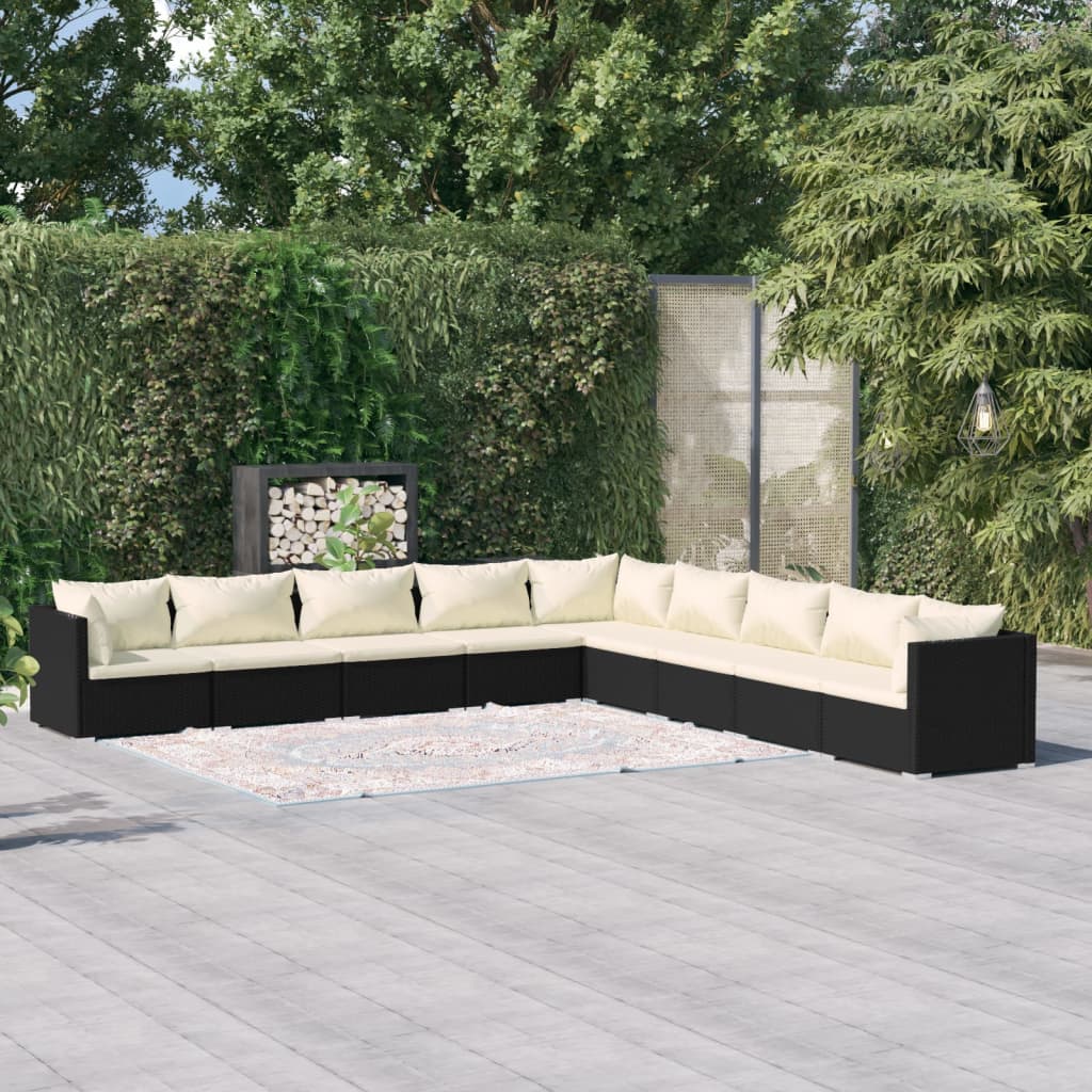 vidaXL 9 Piece Garden Lounge Set with Cushions Poly Rattan Black