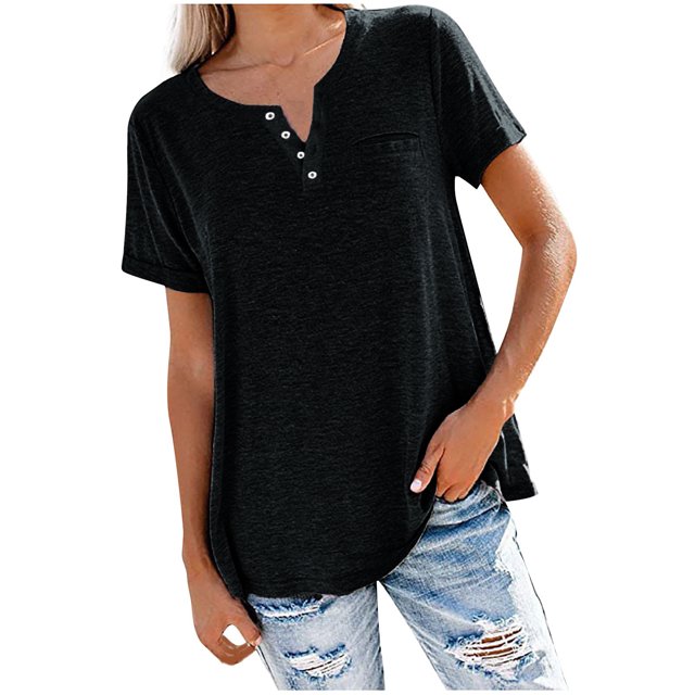 Birdeem Women Fashion Solid Color V-Neck Button T-Shirt Tops Short Sleeve Loose Blouse