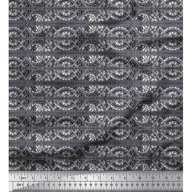 Soimoi Tissu Satin Modal Rayé, Feuilles & Floral Imprimé au Mètre 42 Pouces de Large
