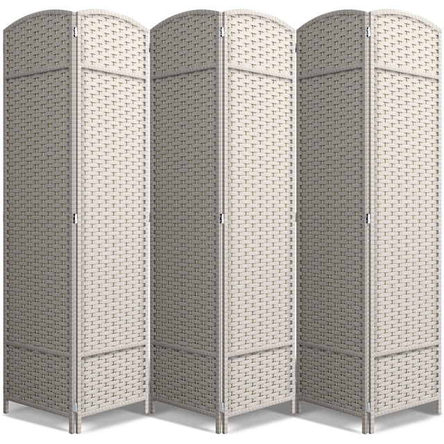 Sorbus 6 Panel Room Divider Tall Privacy Partition Screen Extra Wide Double Hinged Mesh Hand-Woven Folding Wall Divider - 6ft. This freestanding room divider features six hand-woven mesh panels with a neutral tone, double-hinged for flexible positioning. Measuring 6 feet tall and extra wide, it provides ample coverage for creating privacy or dividing spaces in homes, offices, or outdoor areas. The foldable design allows for easy portability and storage.
