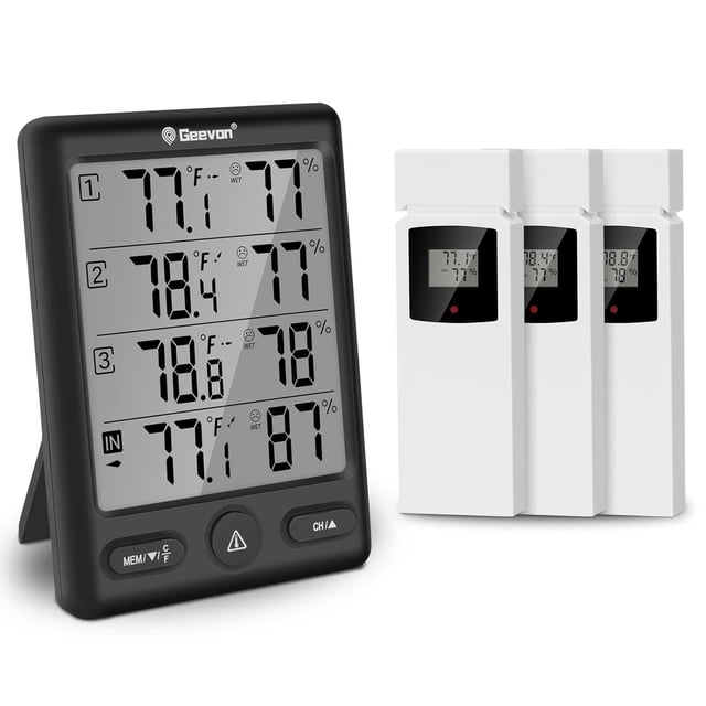Geevon Indoor Outdoor Thermometer Wireless with 3 Remote Sensors in black, featuring a large LCD display showing real-time temperature and humidity readings for four locations. Includes comfort indicators, max/min records, trend arrows, and hi/lo alerts. The set includes three white remote sensors and a black base station, suitable for monitoring homes, basements, or greenhouses within a 60M/200FT range. Powered by AA and AAA batteries (not included).