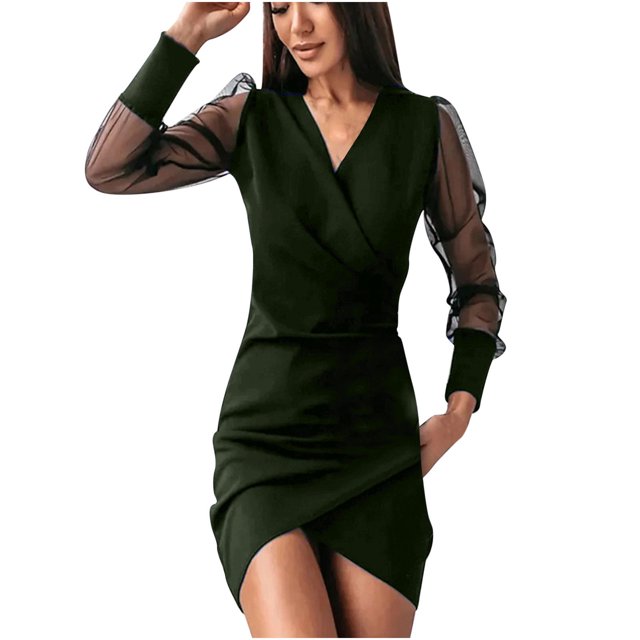 CEHVOM Robe Femme Unie à Col en V à Manches Longues Décontractée en Gaze Robe Longue de Soirée Soldes