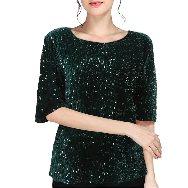 Breezora Haut à Paillettes Scintillant pour Femmes, Col Rond Tendance, Manches 3/4, Blouse à Paillettes, Chemise Festive pour les Fêtes, Essentiel de Garde-Robe Printemps Été, Taille P, Vert