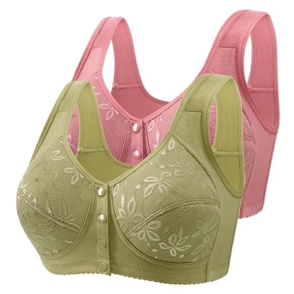 Amzcrzy 2PC Plus Size Bras for Women Seamless Embroidered Wireless Bras for Large Bust Comfy Breathable Front Closure Bras for Women No Underwire Everyday Underwear