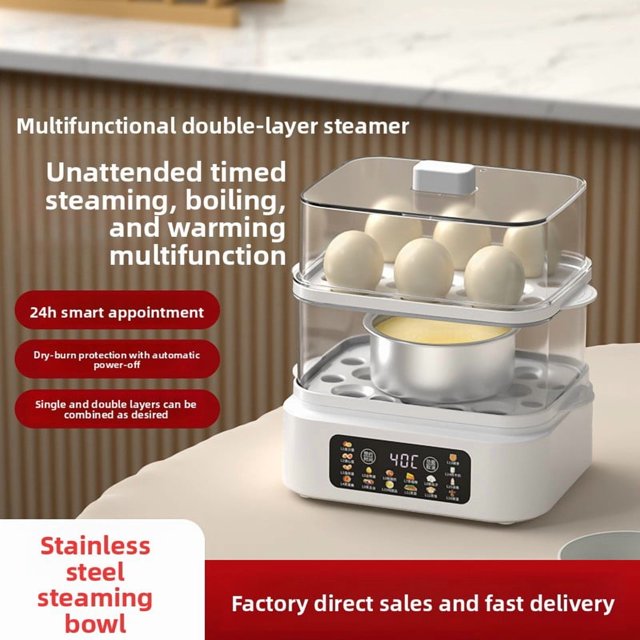 Double-Layer Electric Rapid Egg Steamer with 24-Hour Delay Start and Keep Warm Function, Stainless Steel Inner Plate Egg Boiler, Multi-Purpose Kitchen Cooking Hardware for Dormitory