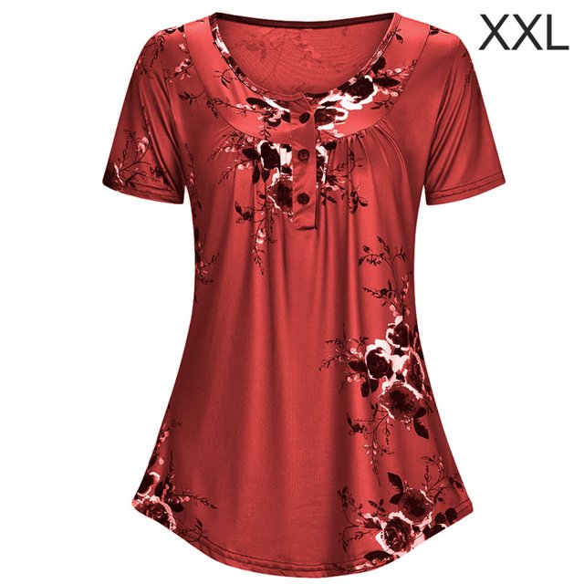 T-shirt Imprimé Femme Été Col Rond Manche Courte T-shirt Col Rond Blouse Haut Ample, Rouge, TTG