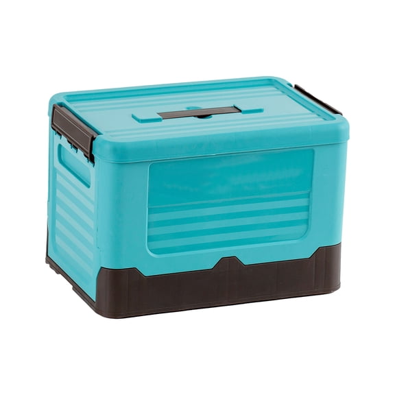 Boîte de Rangement Pliable 34x23x23 cm en Plastique Bleue pour la Maison, l'Automobile et le Camping en Plein Air, Ouverture Latérale, Style Pliable et Housse à Texture Brun