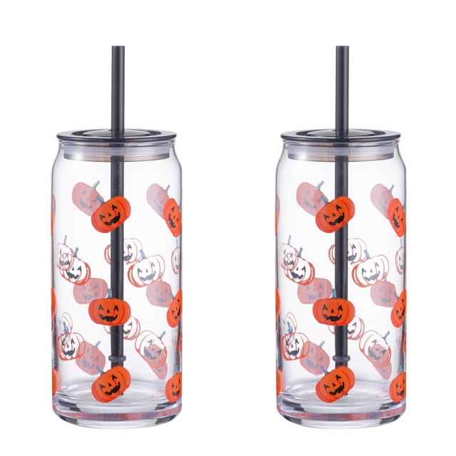 Way to Celebrate Gobelet Citrouille 20 Oz, 2 Pcs, Gobelets en Verre Clair en Forme de Canette avec Couvercles en Plastique Noir et Pailles, avec Motifs de Citrouille Citrouille jack-o'-lantern orange et Blanc, Conçu pour les Boissons Froides et l'Utilisation Lors de Fêtes d'Halloween.