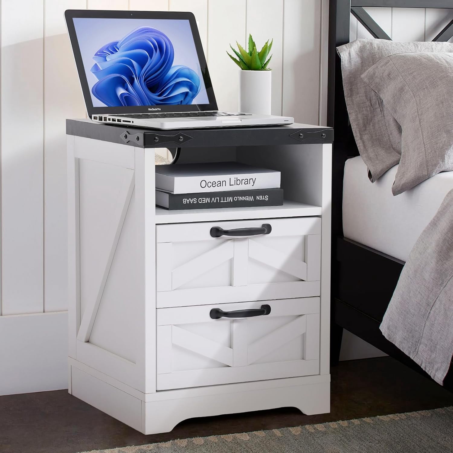 Modern Farmhouse Nightstand - USB & Outlet Charging Station for Bedroom, 2 Drawer Industrial White Bedside Table with Storage, Sturdy Engineered Wood End Table, White