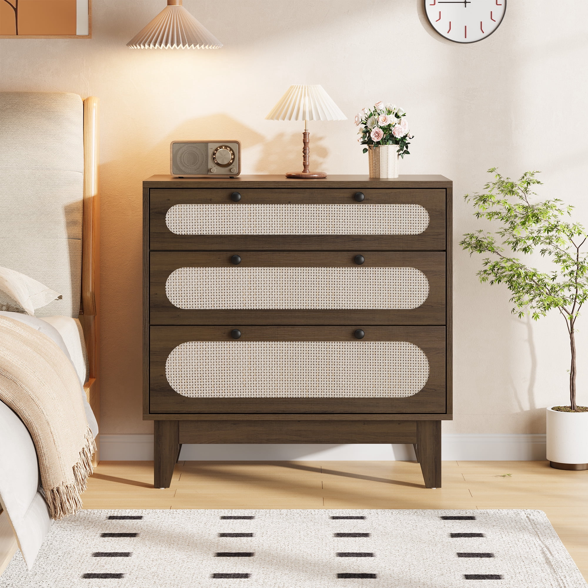 Yiwa Boho Nightstand, Tall Bedside Table Featuring 3 Rattan Drawers, Sturdy Wood Legs and Handles, Large End Table Dresser Ideal for Bedroom, Living Room, or Beside the Couch