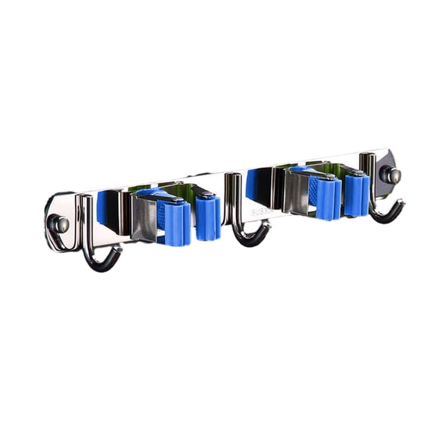 ZheElen Support Pratique pour Écouvillon en Acier Inoxydable - Fabrication Résistante à la Corrosion, Rapide, Robuste, Support Multifonction pour Écouvillon, Support pour Balai, Bleu, 2 Pinces et 3 Crochets, 1 Ensemble