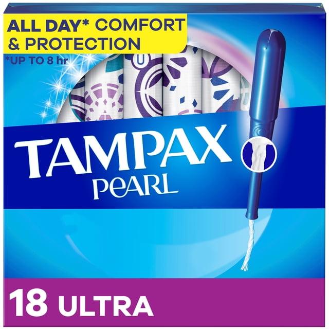 Tampax Pearl Tampons with LeakGuard Braid, Ultra Absorbency, unscented, in a blue box with purple accents and 18 count, featuring a blue applicator with anti-slip grip and visible tampon string, providing up to 8 hours of leak protection and comfort for feminine care during periods.