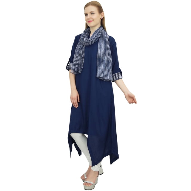 Bimba Kurta en Rayonne Bleu Marine pour Femme avec Foulard Ourlet Asymétrique Robe Ethnique - 16