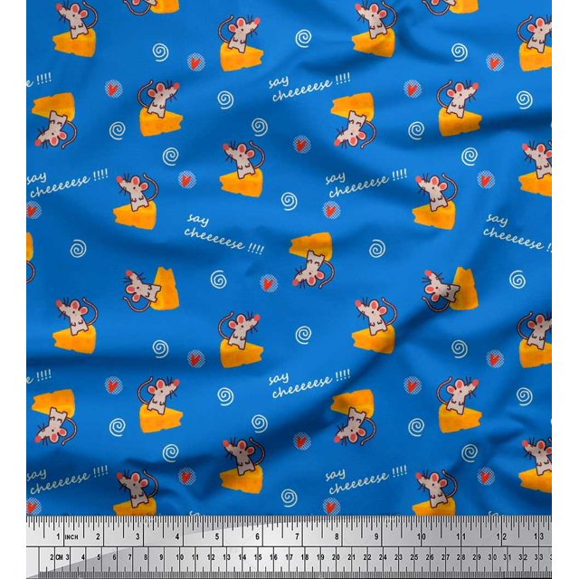 Soimoi Blue Poly Georgette Fabric Cheese Slice & Rats Kids Print Fabric by the Yard 52 Inch Wide