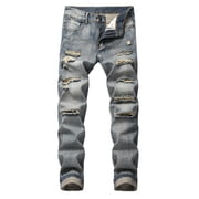 EGNMCR Jeans for Men, Men's Elastic Waist Loose Fit Denim Pants, Mens Pull On Jeans Men's Fashion Personality straightl Casual Ripped Pants Men Pants