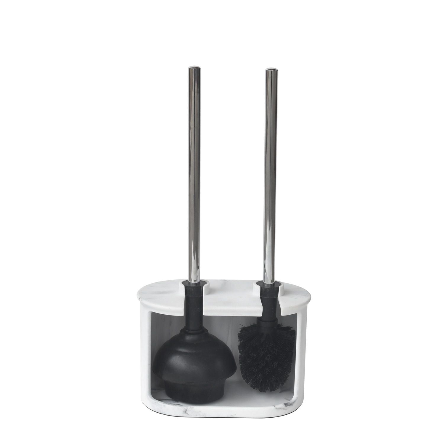 hometrends Ensemble de ventouse de toilette et de brosse à cuvette en faux marbre blanc, avec poignée en métal et support en grès pour une utilisation dans la salle de bain