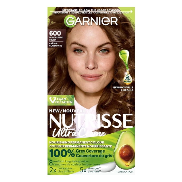 Garnier Nutrisse Teinture Capillaire Permanente Ultra Crème en 600 Brun Clair Neutre, Enrichie d'Huiles d'Avocat et de Cinq Fruits pour Nourrir, Couverture des Cheveux Gris à 100 %, et Couleur Vibrante pendant 8 Semaines, Formule Végane et Résistante à la Décoloration Offrant une Brillance et une Force Supplémentaires.
