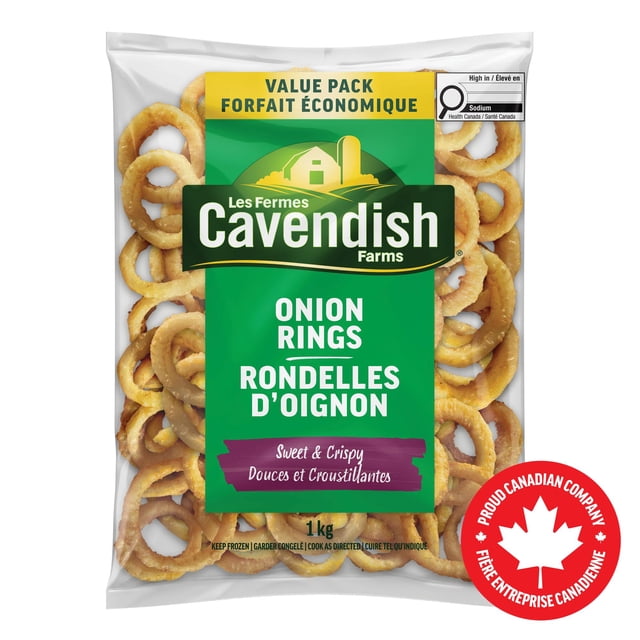 Cavendish Farms Restaurant Style Crispy Sweet Onion Rings 1 kg value pack in clear packaging showing golden battered onion rings, bilingual English and French labeling, including 'Sweet & Crispy' description and Proud Canadian Company maple leaf emblem.