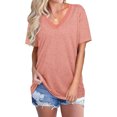 thumbnail image 1 of Nouveau T-Shirt Décontracté à Col en V pour Femmes, Manches Courtes, Haut Ample, Blouse Patchwork, 1 of 2