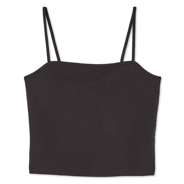 No Boundaries Women's Cropped Cami in black featuring a slim fit, square neckline, and spaghetti straps, made from jersey knit fabric, suitable as a women's tank top for layering or casual wear.