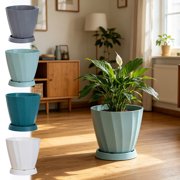 Birdeem Minimalist Plastic Planter with Tray, Diagonal Patterned Flower Pot for Indoor Plants, Small Plant Pot with Drainage Holes, Decorative Plant Pot for Desk Shelf Home Office