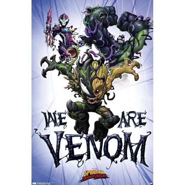 Marvel Comics TV - Spider-Man: Maximum Venom - We Are Venom Wall Poster, 22.375" x 34" featuring dynamic Venomized characters including a Groot-Venom hybrid in the center, set on a blue web-patterned background with bold 'We Are Venom' text, printed on glossy poster paper suitable for wall art and room decor.
